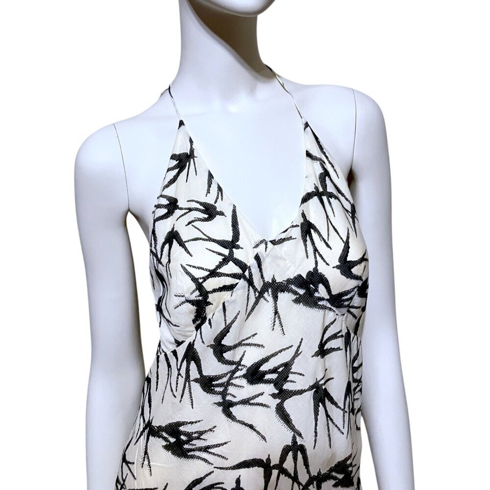 Y2K Kenneth Cole Halter Dress 8 Backless Babydoll Bird Crow Resort 100% Cotton